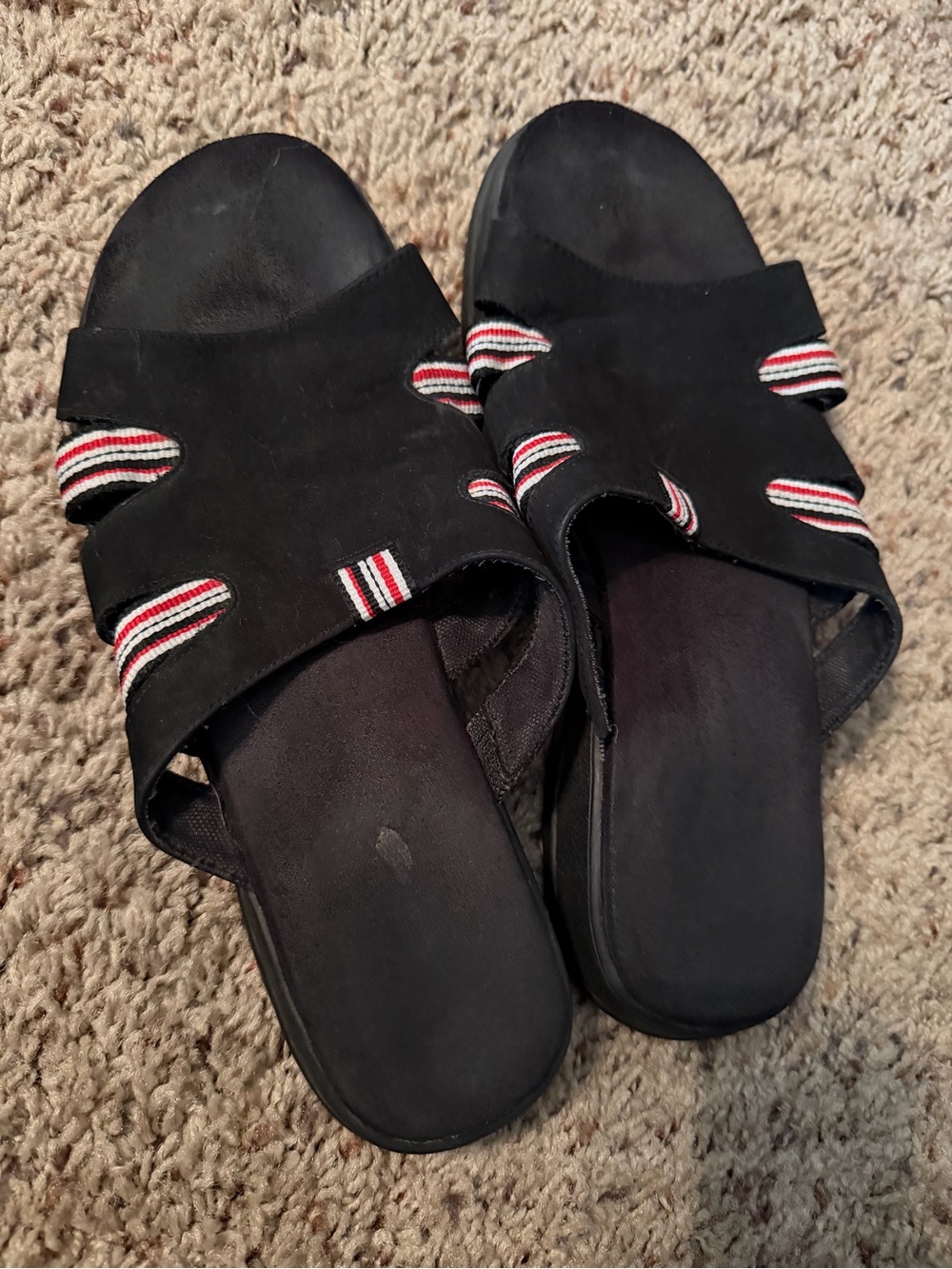 Women’s Black Slide Sandals with Red & White Stripe Detail